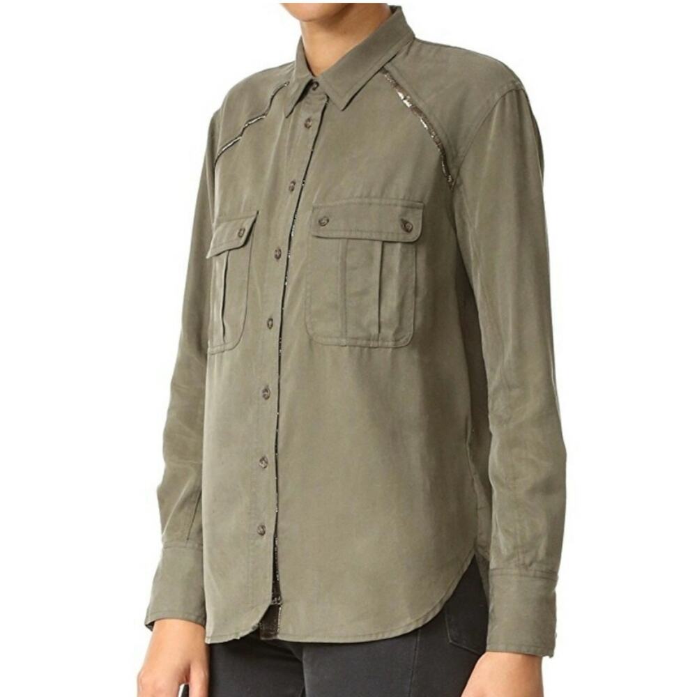 Free People Off Campus Button Down Blouse Olive Green XS
